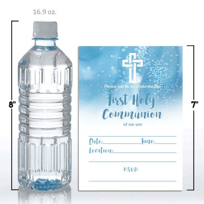 Amanda Creation Blue Watercolor First Holy Communion Religious Party Invitations for Boys, 20 5x7 Fill In Cards with Twenty White Envelopes by AmandaCreation - Image 4